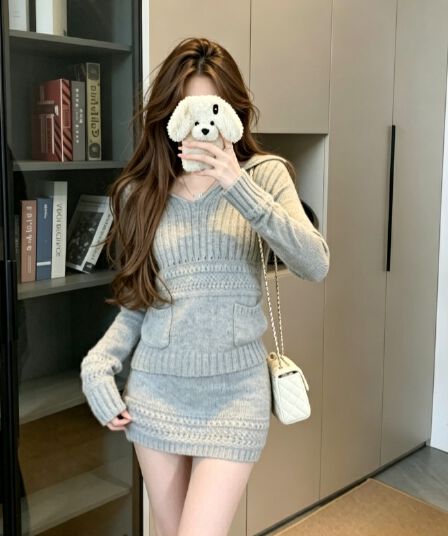 실사 작은 키 한 부서 느긋한 바람 회색 니트 원피스 아이들 가을 겨울 스웨터 세트 타이트 스커트 투피스 세트