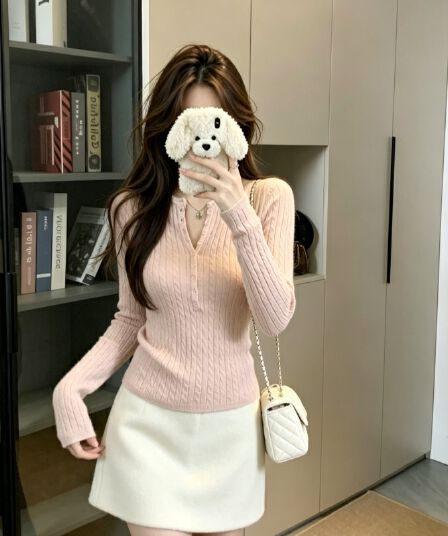 실사 가을 겨울 한국 스타일 품격 반 개방 칼라 꽈배기 단추 디자인 니트 맨위 기본 셔츠 스웨터 여자