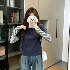 批发实拍纯棉设计感假两件拼接条纹长袖T恤女春秋季内搭<b class='q'>打底衫</b>上衣服