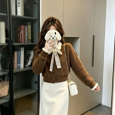 批发实拍<b class='q'>翻领</b>假两件毛衣外套女秋冬季新款蕾丝蝴蝶结针织开衫短款上衣