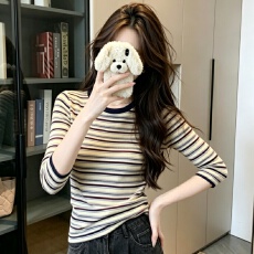 批发实拍<b class='q'>新款</b>内搭修身收腰小上衣条纹正肩长袖T恤早秋显瘦ins内搭上衣