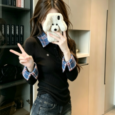 批发实拍格子假两件正肩长袖<b class='q'>t</b><b class='q'>恤</b>女秋季修身polo领内搭上衣