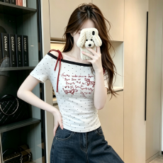 批发实拍<b class='q'>纯棉</b>螺纹短袖<b class='q'>t</b><b class='q'>恤</b>女装夏季新款绑带波点刺绣斜领上衣
