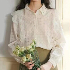 批发报单有货春秋法式蕾丝镂空Polo领<b class='q'>长袖</b>衬衫女设计感洋气别致上衣