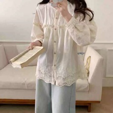 批发报单有货花边蓬蓬纯棉镂空下摆秋衬衫长袖甜美森系<b class='q'>蕾丝</b>刺绣<b class='q'>娃娃衫</b>