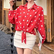 批发报单有货韩国东大门春秋新款系带短袖<b class='q'>衬衫</b>烫钻<b class='q'>波点</b>长袖上衣