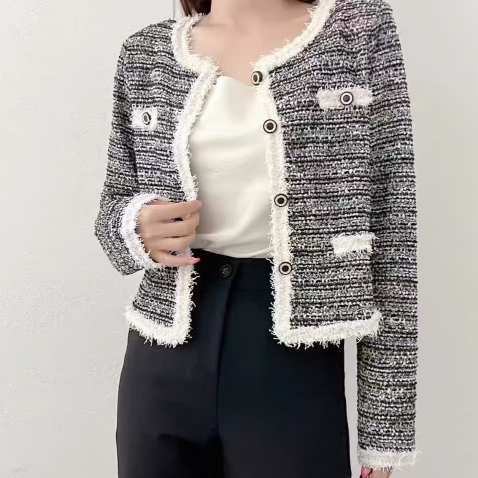 MY14299# 韩国东大门秋新款女装圆领时尚修身撞色毛毛边短外套女裝貨源...