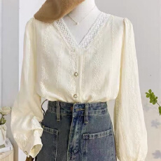 批发报单有货法式蕾丝花边V领长袖衬衫设计感减龄气质打底刺绣衫上衣