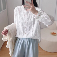 批发报单有货韩版文艺小清新<b class='q'>甜美</b>花边领提花长袖衬衫打底衬衫别致衬衣