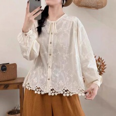 批发报单有货秋装新款文艺<b class='q'>甜美</b>系带圆领水溶花边拼接长袖上衣刺绣衬衫