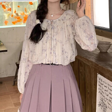 批发报单有货法式温柔风荷叶边长袖衬衫秋新款设计感小众碎花上衣