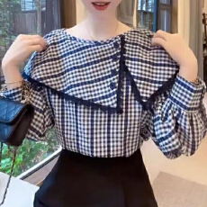 批发报单有货设计感荷叶领长袖衬衫春秋新款衬衣格子小衫上衣<b class='q'>女装</b>