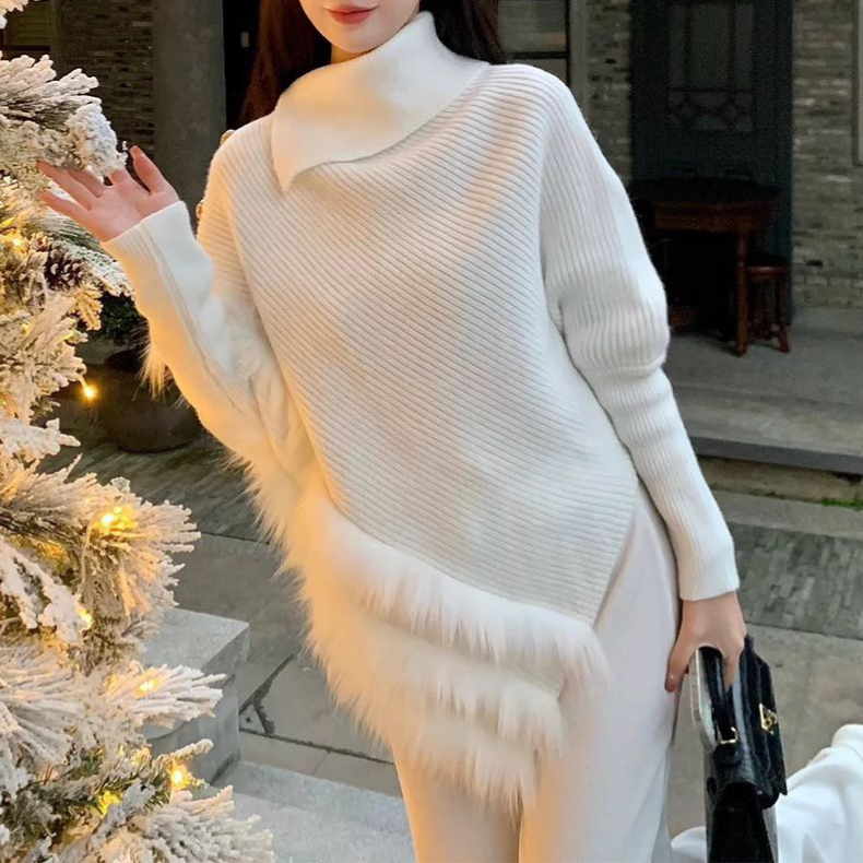 MY14296# 白色高领堆堆领不规则套头毛衣宽松慵懒风蝙蝠袖针织衫女裝貨...