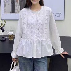 批发报单有货软妹宫廷风重工刺绣蕾丝拼接宽松圆领长袖纯棉衬衣娃娃衫