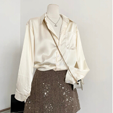 批发报单有货韩版职场通勤翻领<b class='q'>长袖</b><b class='q'>衬衫</b>春秋宽松轻熟气质醋酸缎面上衣