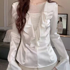 批发报单有货春秋新款缎面<b class='q'>衬衫</b>气质显瘦V领超好看设计感修身上衣高级