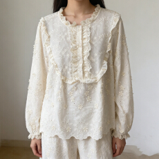 批发报单有货日系森女花边刺绣半开襟<b class='q'>衬衫</b>女春夏宽松新款上衣棉质长袖