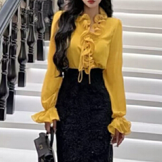 报单有货春秋新款个性时尚褶皱木耳边抽绳设计纯色雪纺衫小衫