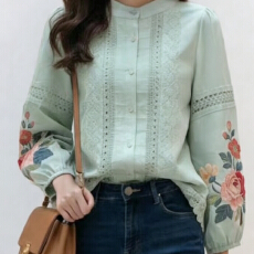 批发报单有货洋气刺绣花朵蕾丝衬衫<b class='q'>妈妈装</b>开衫春秋气质显瘦灯笼袖衬衣
