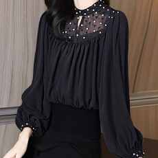 批发报单有货春季法式轻熟风黑色钉珠网纱拼接灯笼袖显瘦<b class='q'>通勤</b>衬衫上衣