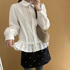 报单有货绝美衬衫甜美娃娃领木耳边下摆收腰设计衬衫长袖春秋新款