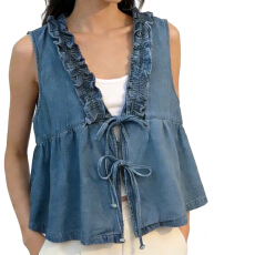 批发报单有货<b class='q'>甜美</b>木耳边拼接V领牛仔马甲背心设计蝴蝶结绑带叠穿上衣