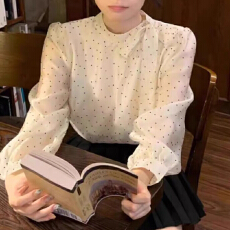 批发报单有货蝴蝶结长袖上衣春秋新款漂亮<b class='q'>雪纺衫</b><b class='q'>宽松</b>法式波点休闲衬衫