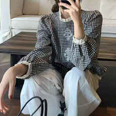 批发报单有货韩系<b class='q'>甜美</b>减龄木耳边格子衬衫春新款宽松显瘦百搭长袖上衣