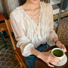 批发报单有货法式<b class='q'>春</b>秋新款荷叶边V领绑带衬衫高级感显瘦长袖雪纺上衣