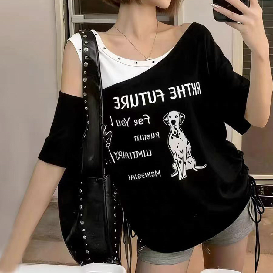 주문 재고 있음 아메리칸 알파벳 프린트 페이크 레이어드 오프숄더 반팔 티셔츠 새로운 패션 디자인 센스 다용도 맨위