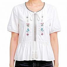 批发报单有货文艺刺绣短袖<b class='q'>衬衫</b>夏圆领系带荷叶边显瘦甜美减龄温柔上衣