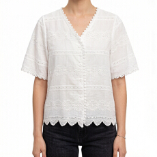 批发报单有货法式气质花边V领短袖<b class='q'>衬衫</b>夏设计感小众刺绣小衫棉质上衣