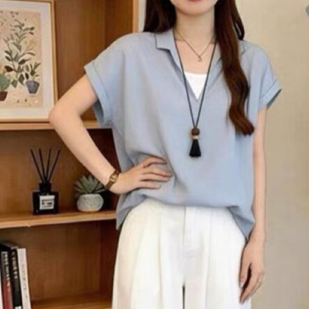 주문 재고 있음 고급 센스 페이크 레이어드 반팔 셔츠 여성 여름 루즈핏 슬림해 보이는 얇은 스타일 고유 한 아름다운 맨위