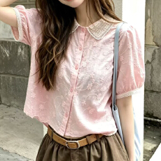 批发报单有货夏日<b class='q'>甜美</b>减龄花边娃娃领上衣女韩系别致巨好看短袖衬衫