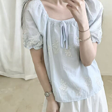 批发报单有货洋气别致雪纺衫夏法式独特漂亮泡泡袖小衫高级感刺绣上衣
