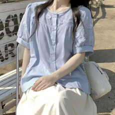 批发报单有货蓝色法式<b class='q'>甜美</b>泡泡袖蕾丝衬衫夏新款花边领纽扣衫大码上衣