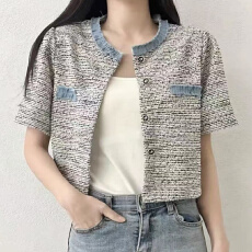 批发报单有货法式名媛风撞色圆领短袖衬衫女夏单排扣小香风上衣外套