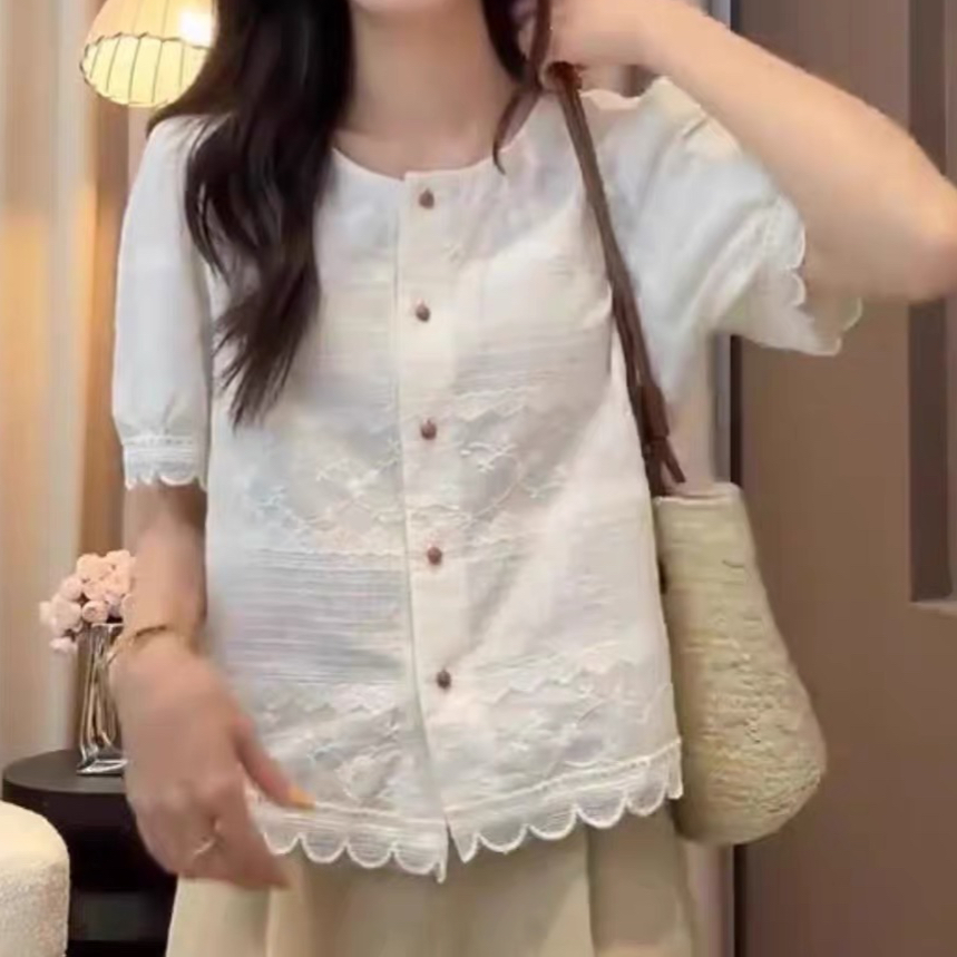 주문 재고 있음 순면 자수 셔츠 여성용 짧은 소매 디자인 센스 루즈핏 캐주얼 여름 새로운 품격 맨위