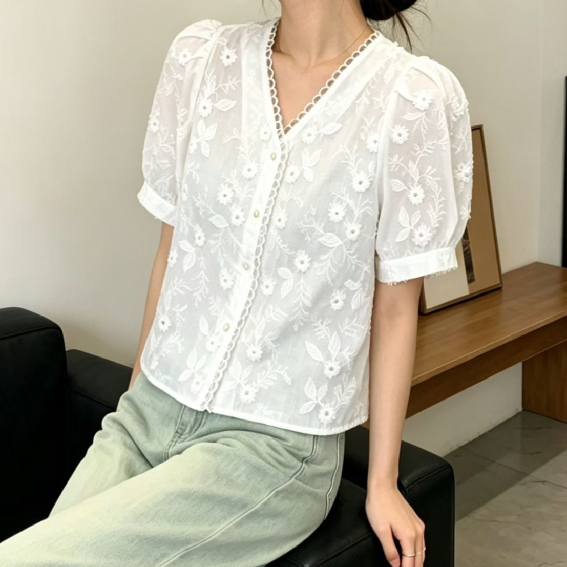 주문 재고 있음 나비 매듭 자카드 V넥 레이스 레이스 패치워크 셔츠 외국 가스 거품 소매 루즈핏 연령 감소 맨위