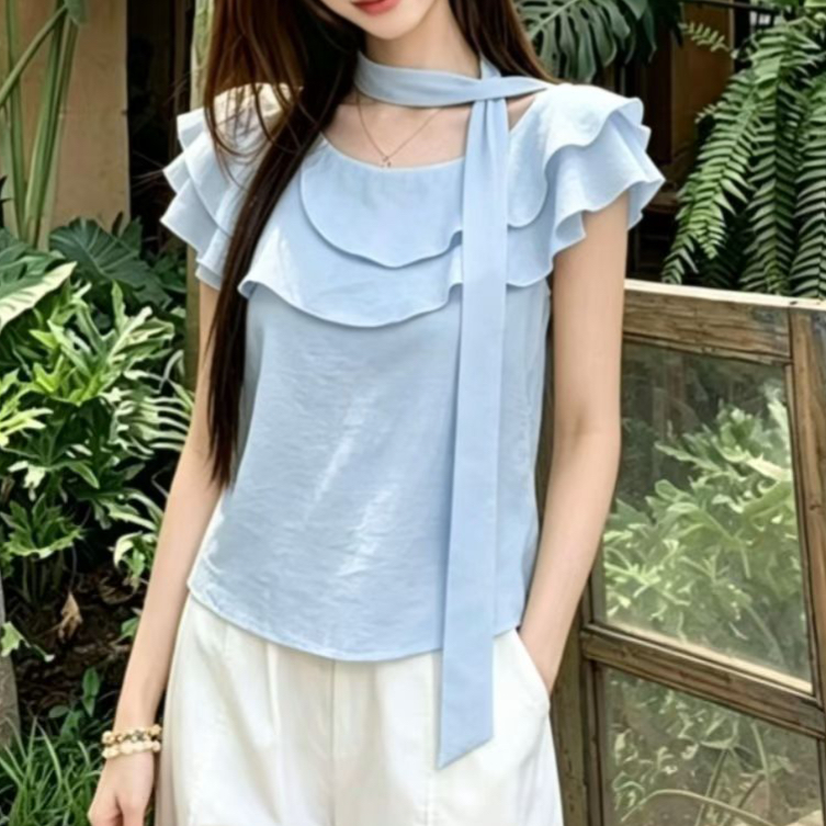 주문 재고 있음 한 부서 다중 레이어 프릴 라운드 넥 반팔 셔츠 여름 디자인 센스 허리 수축 레이스업 슬림해 보이는 맨위 트렌디