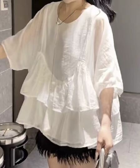 재고 있음 빅 사이즈 프랑스식 프릴 5 점 소매 셔츠 여름 지방 mm 한 부서 광장 칼라 루즈핏 인형 셔츠 쉬폰 톱