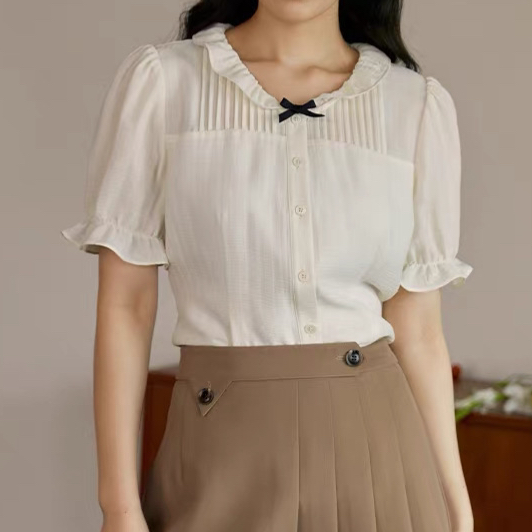 재고 있음 빅 사이즈 여성 의류 프랑스식 달콤함 프릴 장기 Pleat 작은 셔츠 여성 여름 마이크로 지방 mm 슬림해 보이는 셔츠 맨위
