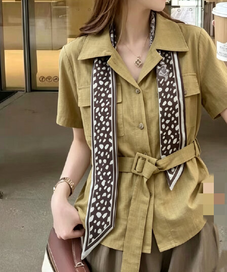 재고 있음 오래된 돈 바람 아마 폴로 칼라 반팔 여성 셔츠 여름 새로운 루즈핏 레이스업 허리 수축 다용도 맨위