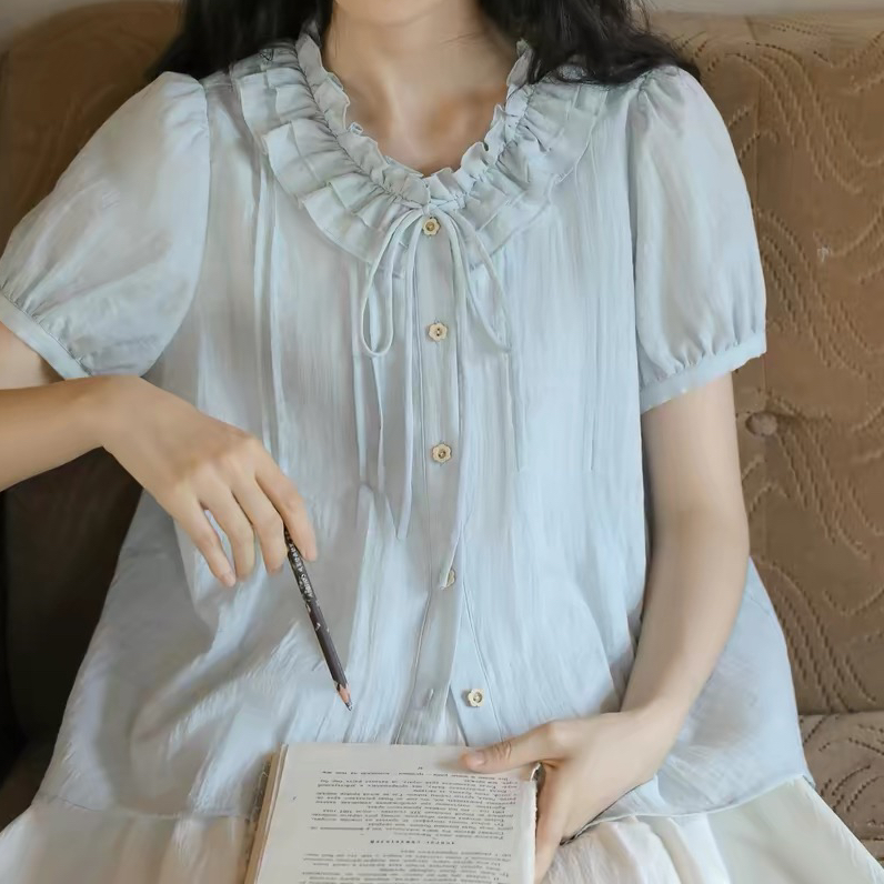 재고 있음 맑은 물 블루 이중층 프릴 칼라 레이스업 반팔 여성 셔츠 여름 문예 레트로 루즈핏 맨위