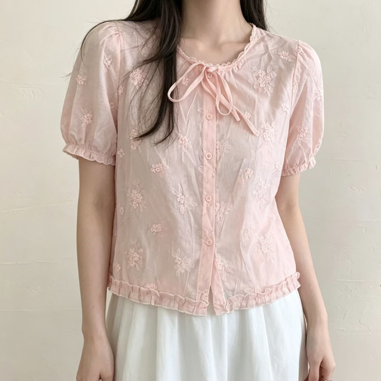 재고 있음 한 부서 달콤함 자카드 자수 핑크색 반팔 여성 셔츠 여름 새로운 고유 한 Chic 슬림해 보이는 맨위