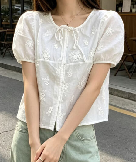 재고 있음 새로운 한 여성 디자인 센스 작은 대중 레이스업 나비 매듭 반팔 맨위 숙녀 신선함 라운드 넥 품격 달콤함
