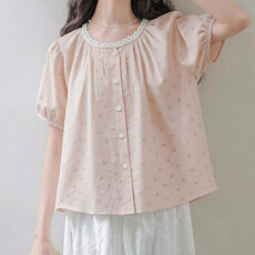 批发有货小<b class='q'>碎花</b>圆领<b class='q'>衬衫</b>百搭印花上衣女夏季新款气质小衫修身显瘦短袖