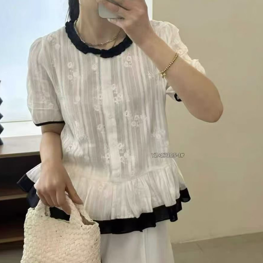 재고 있음 레이스 자수 프릴 반팔 여성 셔츠 여름 루즈핏 Chic 한 부서 레트로 연령 감소 작은 셔츠 맨위