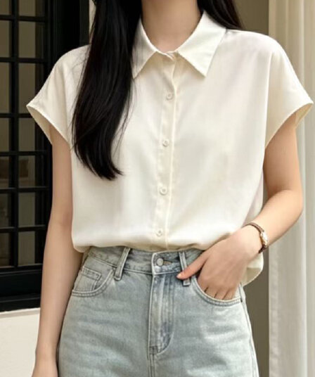 재고 있음 여름 새로운 미끄러짐 재료 쉬폰 블라우스 폴로 칼라 여성 셔츠 루즈핏 싱글 줄 버튼 민소매 뒤로 심장 안에 잡아라. 의류 경력
