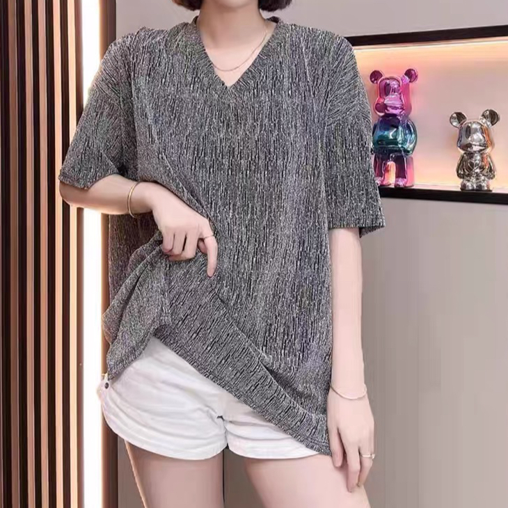 재고 있음 유럽 역 무거운 작업 핫픽스 티셔츠 여성 여름 루즈핏 중간 길이 Chic V넥 반팔 레트로 고급 센스 맨위